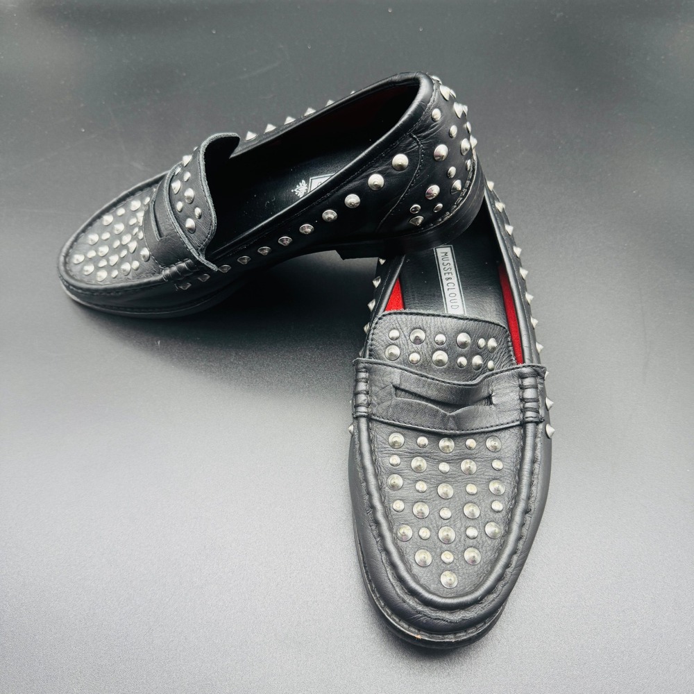 Musse & Cloud Loafers Womens 39 Black Leather Silver Studded Edgy Punk Slip On